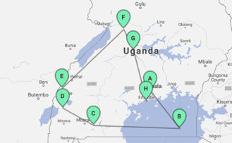 Karte der 19 tägigen Entdeckungsreise zu den Berggorillas