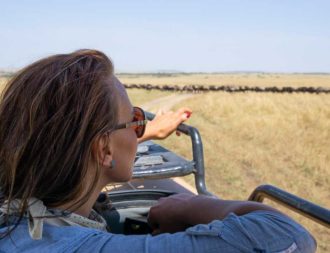 Frau schaut bei einer Kenia Safari Reise aus dem Fahrzeug auf eine Gnu Herde in der Masai Mara
